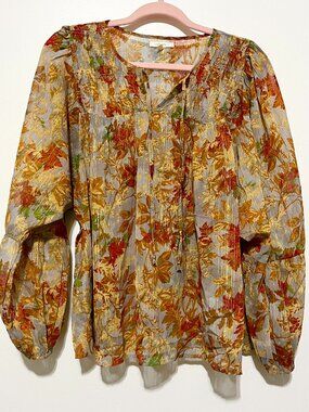 Womens Sheer Balloon Sleeve Blouse L Fairy Grunge Bohemian Fall Autumn Leaves